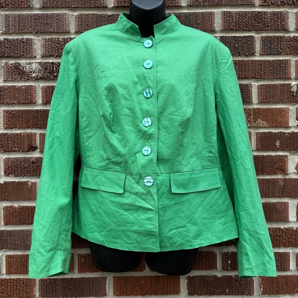JG HOOK Sz 16W Green Button Front Linen blend  Lined Jacket
